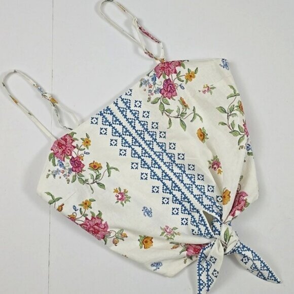 NWT Rachel Zoe Women White Linen Blend Crop Cami Top Knot Embroidery Print Sz S - Picture 9 of 12
